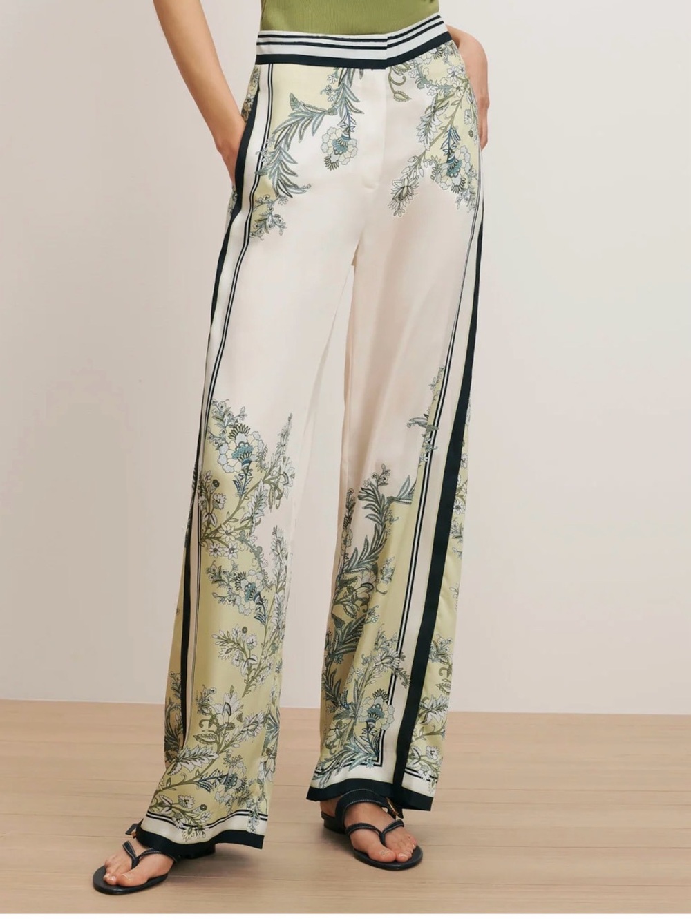 Veronica Beard Cream & Olive Floral Wide-Leg Pants